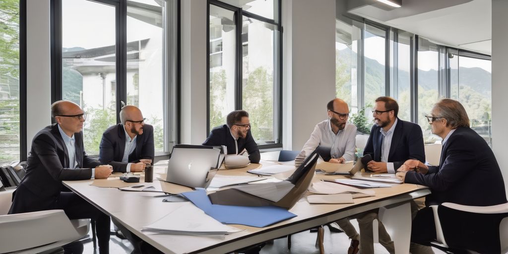 entrepreneurs discussing business plan in a modern office in Ticino