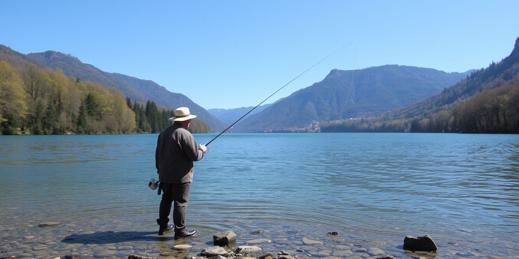 Pescatore sul lago di Lugano con montagne.