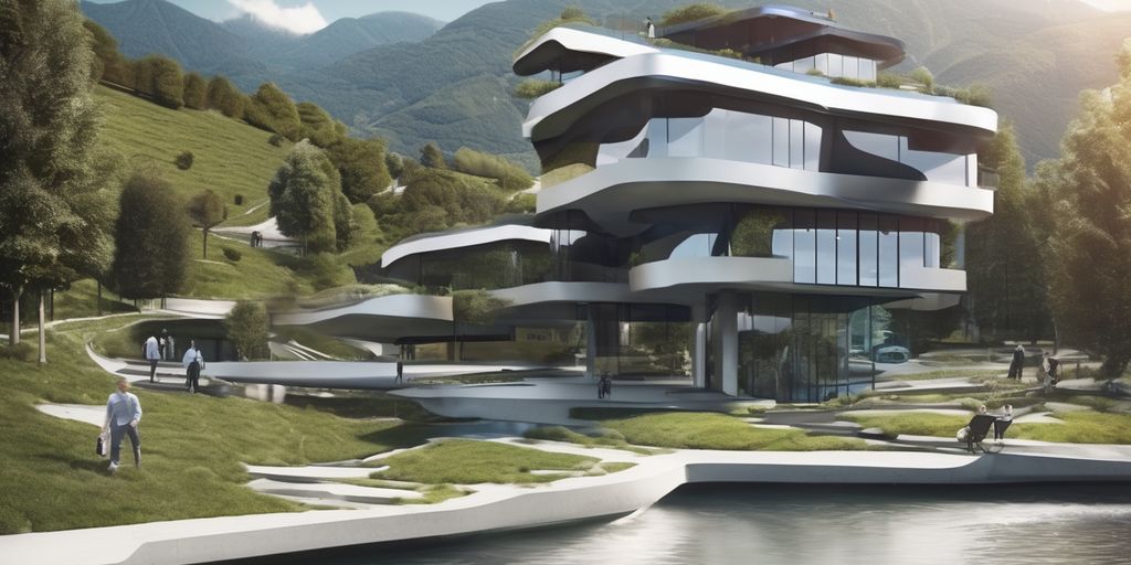 Paesaggio futuristico di Ticino con edifici moderni e droni.