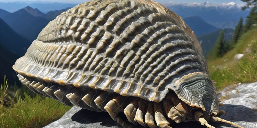 Trilobite fossile su roccia con montagne ticinesi.