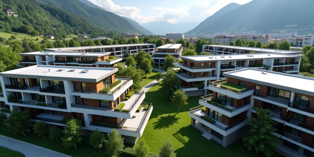 Vista aerea di sviluppo residenziale moderno in Ticino.