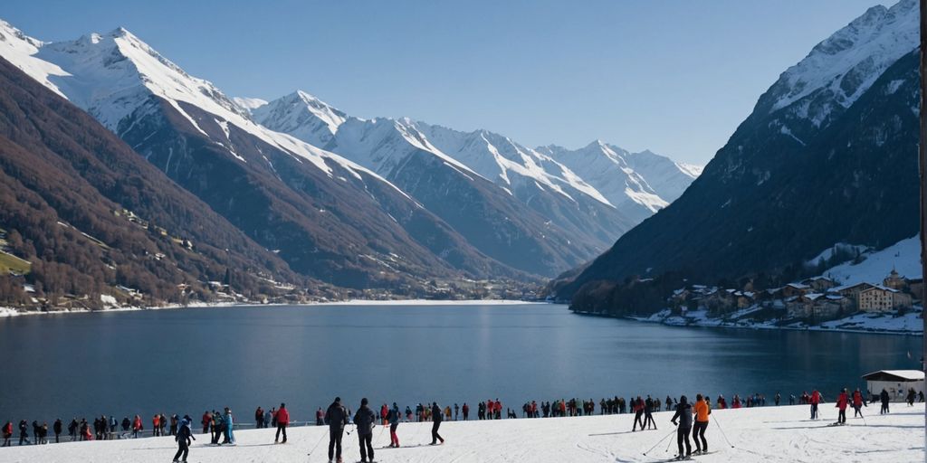 Paesaggio invernale con montagne e lago ghiacciato