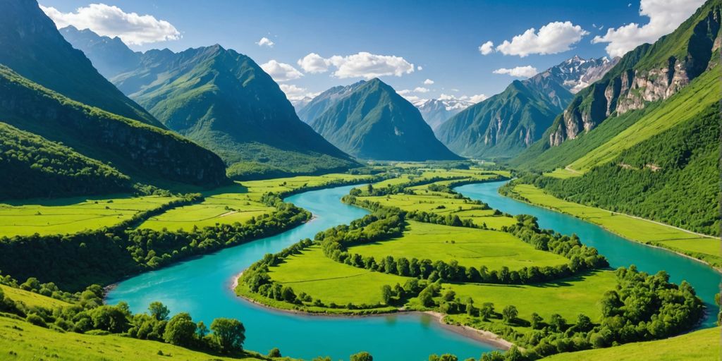 Valle verde con fiume e montagne maestose