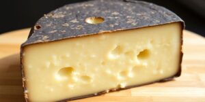 Formaggio Bagòss, stagionato, su tagliere di legno